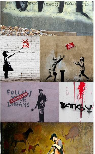 Tapetti Artgeist Banksy - a collage, 50x1000cm