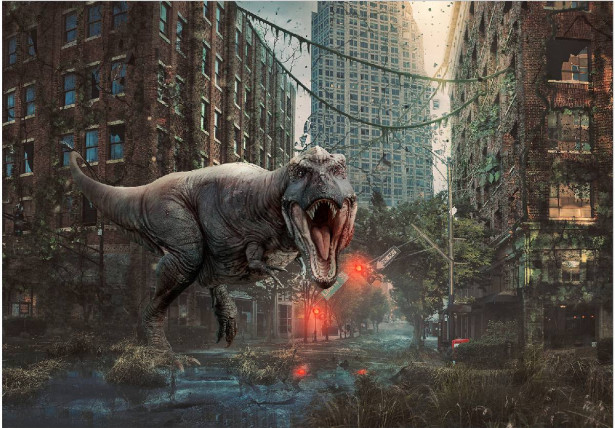 Sisustustarra Artgeist Dinosaur in the City, eri kokoja