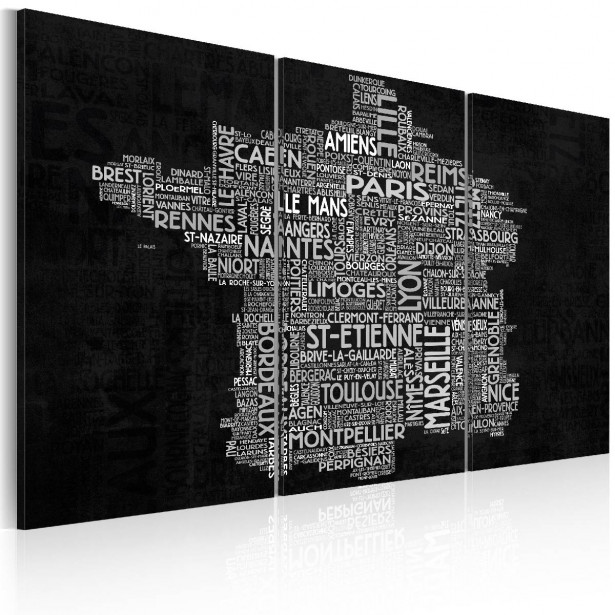 Taulu Artgeist Text map of France on the black background 3-osainen eri kokoja