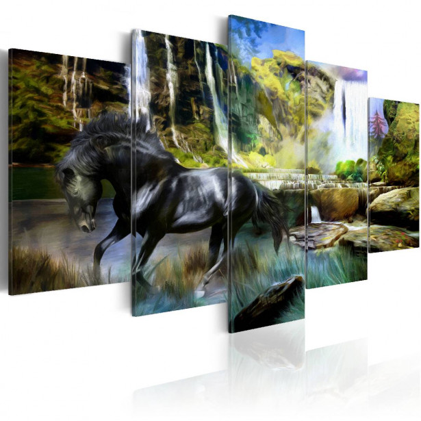 Taulu Artgeist Black horse and paradise waterfall eri kokoja