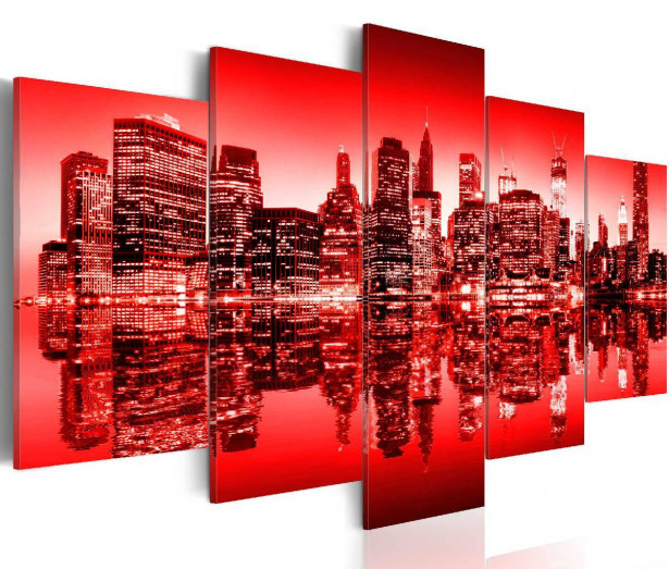 Taulu Artgeist Punainen hehku yli New Yorkin 5-osainen eri kokoja
