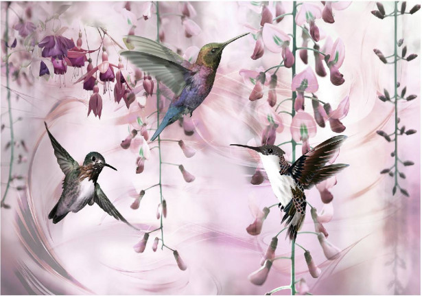 Kuvatapetti Artgeist Flying Hummingbirds Pink, eri kokoja