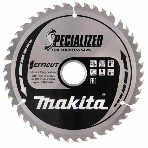 Pyörösahanterä Makita Efficut Specialized B-68622, 190x30x1.45mm, 45T