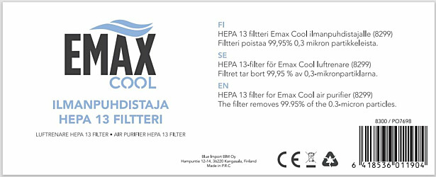 Suodatin Emax Cool Hepa 13 filtteri, Emax Cool 8299 Ilmanpuhdistajaan