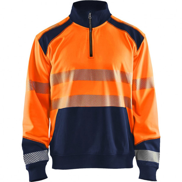 Collegepaita Blåkläder 3556 Highvis lyhyellä vetoketjulla, huomio-oranssi/sininen