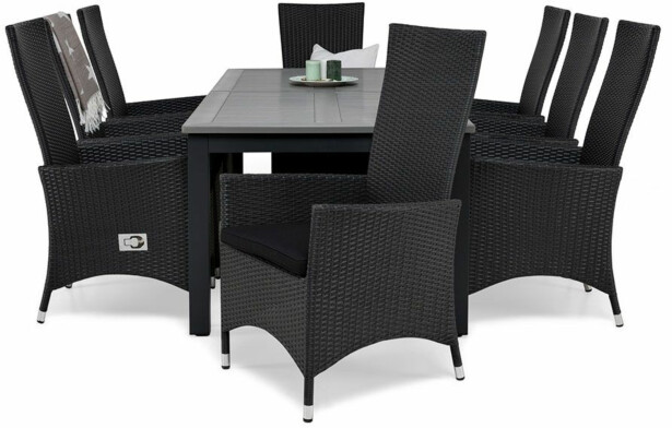 Ruokailuryhmä Monaco 220-280cm, 8 Jenny-tuolia, musta/harmaa + mustat pehmusteet