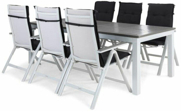 Ruokailuryhmä Monaco 220-280cm, 6 Monaco Light -tuolia, valkoinen + tummanharmaat pehmusteet