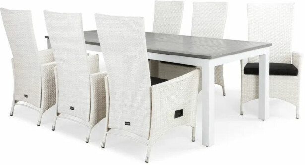 Ruokailuryhmä Monaco 220-280cm, 6 Jenny-tuolia, valkoinen/harmaa + pehmusteet, eri värejä