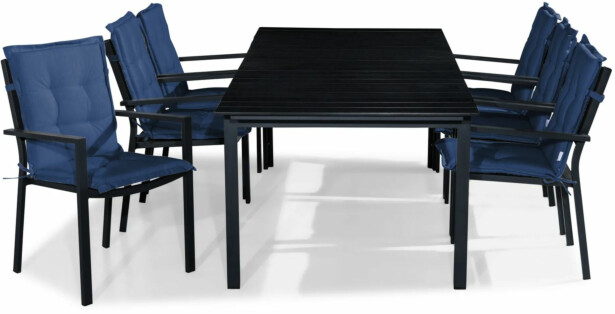 Ruokailuryhmä Tunis 220-280x90cm, 6 Tunis-tuolia, musta + siniset pehmusteet