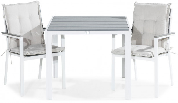 Parvekeryhmä Tunis 90x90cm, 2 tuolia pehmusteilla, valkoinen/harmaa