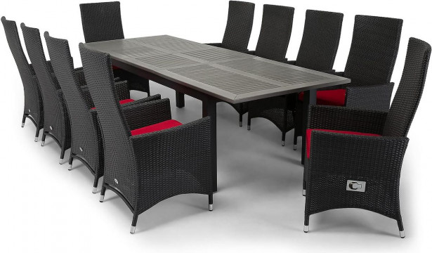 Ruokailuryhmä Monaco/Jenny, 220/280cm jatkettava pöytä + 10 säädettävää tuolia, musta/harmaa