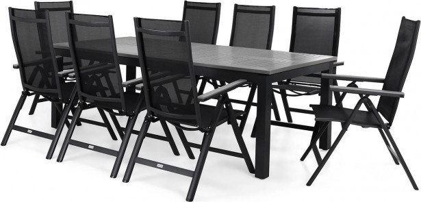 Ruokailuryhmä Monaco/Monaco, 220/280cm jatkettava pöytä + 8 säädettävää tuolia, musta/harmaa