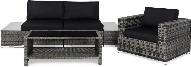 Oleskeluryhmä Bahamas, 2-istuttava sohva + nojatuoli + 2 päätypöytää + sohvapöytä hyllyllä, tummanharmaa/musta