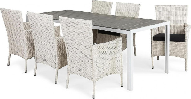 Ruokailuryhmä Tunis/Thor, 205cm pöytä + 6 tuolia, valkoinen/harmaa