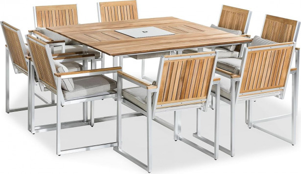 Ruokailuryhmä Båstad, 140cm pöytä + 8 tuolia, tiikki/harjattu alumiini
