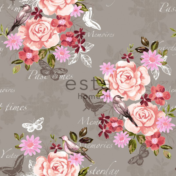 Tapetti Flowers & Birds 138121 0,53x10,05 m punainen/seepia non-woven