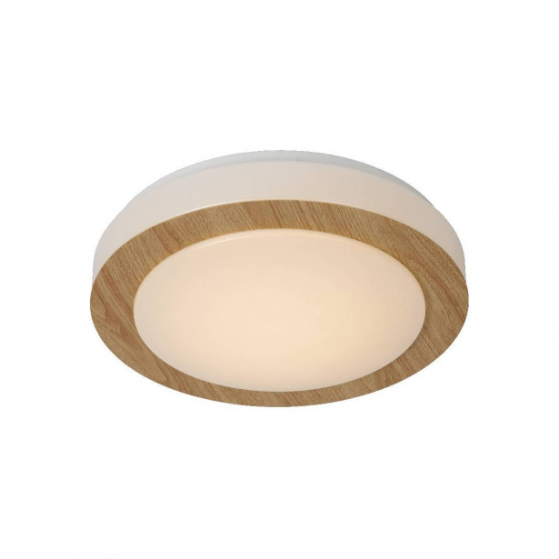 LED-plafondi Lucide Dimy, Ø28.6cm, 12W, himmennettävä, vaalea puu