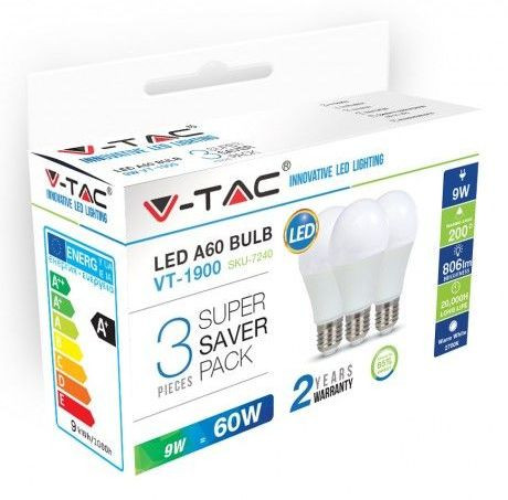 LED-lamppu V-TAC A60 Vt-1900, E27, 10W, 2700K, Ø 60mm, valkoinen, 3 kpl/pkt