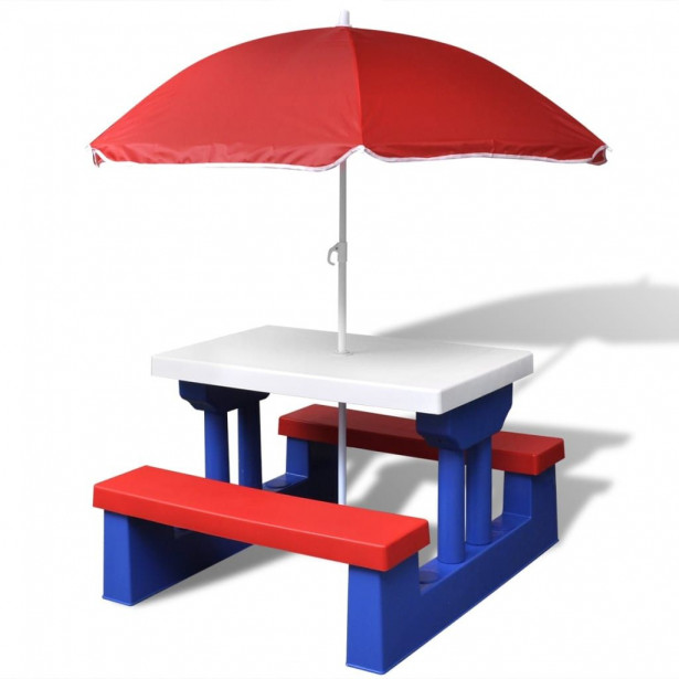 Lasten piknikpöytä penkeillä ja aurinkovarjolla monivärinen_1