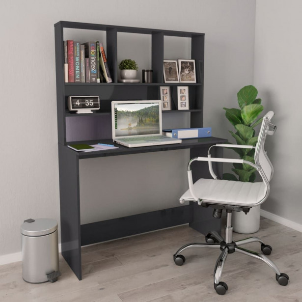 Työpöytä hyllyillä korkeakiilto harmaa 110x45x157cm_1