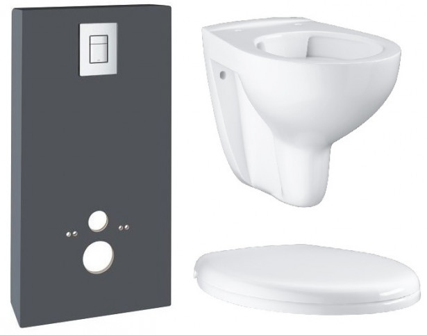 Seinä-WC-paketti Grohe Monobloc, kaulukseton istuin, kotelointiratkaisu, asennusteline, kansi ja painike, harmaa