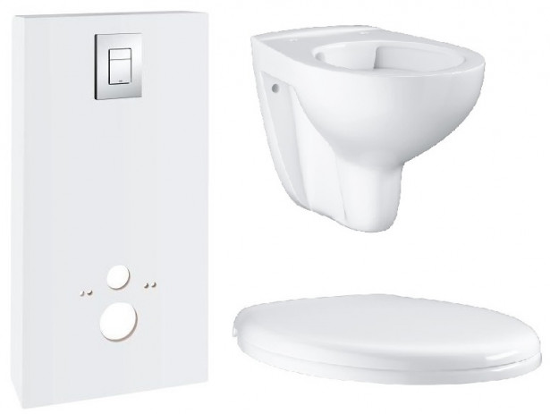 Seinä-WC-paketti Grohe Monobloc, kaulukseton istuin, kotelointiratkaisu, asennusteline, kansi ja painike, valkoinen