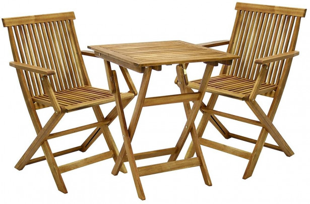 Parvekesetti Home4you Finlay, pöytä + 2 tuolia käsinojilla, akaasia, ruskea