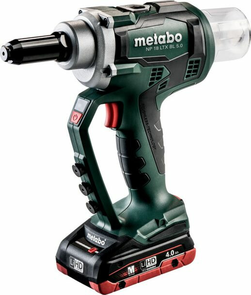 Popniittipistooli Metabo NP 18 LTX BL 5.0 sisältää 2x4,0Ah LiHD-akut