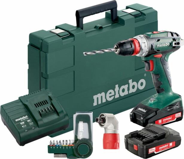 Akkuporakone Metabo BS 18 Quick 2x2.0Ah akulla laturilla kulma- ja kärkisatsilla