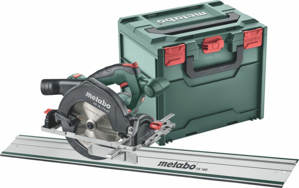 Akkupyörösahasetti Metabo KS 18 LTX 57 FS 18V sisältää FS 160 -ohjauskiskon ilman akkua ja laturia