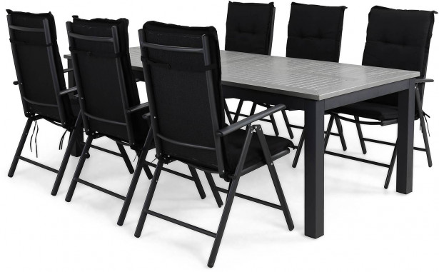 Ruokailuryhmä Monaco 220-280, 6 Maggie tuolia + mustat pehmusteet, musta