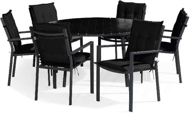 Ruokailuryhmä Tunis pyöreä, 6 tuolia + mustat pehmusteet, musta