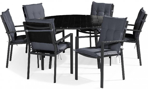 Ruokailuryhmä Tunis pyöreä, 6 tuolia + harmaat pehmusteet, musta