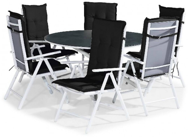 Ruokailuryhmä Alex pyöreä, 6 Maggie tuolia + mustat pehmusteet, harmaa