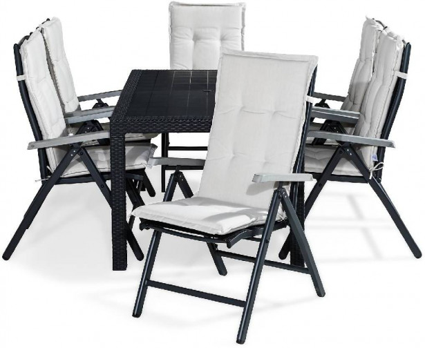 Ruokailuryhmä Melody, 6 Monaco tuolia + valkoiset pehmusteet, musta