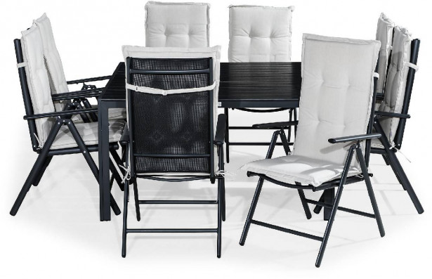 Ruokailuryhmä Tunis, 8 Monaco Lyx tuolia + valkoiset pehmusteet, musta