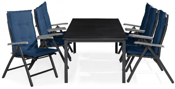 Ruokailuryhmä Tunis, 6 Monaco Lyx tuolia + siniset pehmusteet, musta