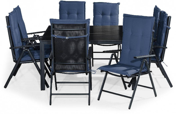Ruokailuryhmä Tunis, 8 Monaco Lyx tuolia + siniset pehmusteet, musta