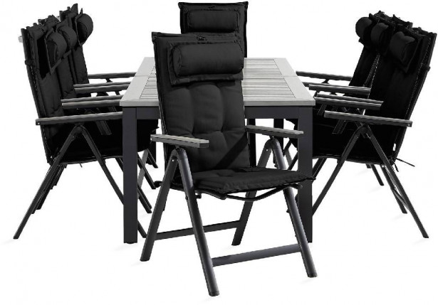 Ruokailuryhmä Monaco, 8 Monaco Light tuolia + mustat pehmusteet tyynyllä, musta