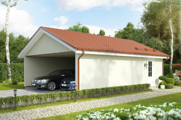 Autokatos Kymppitallit KP15P kahdelle autolle + varasto, yksi avonainen sivu, varasto päädyssä