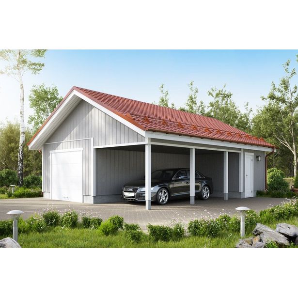Autotalli Kymppitallit KP39 autokatoksella + varasto päädyssä, kaksi autopaikkaa