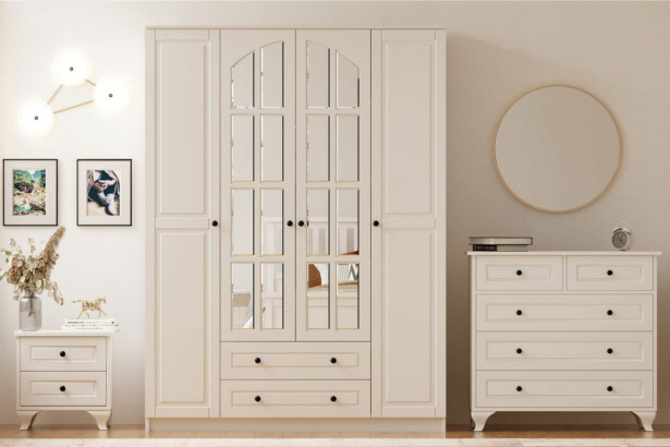 Vaatekaappi ja lipasto Linento Furniture Rb-015, mattavalkoinen