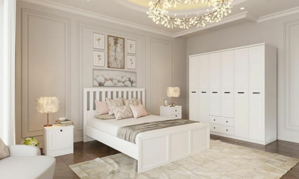 Makuuhuoneen huonekalusetti Linento Furniture Rb-168-01-006-01, mattavalkoinen