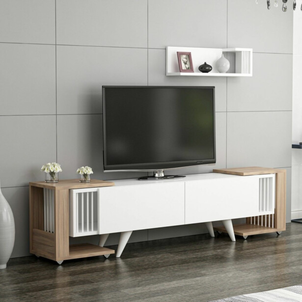 TV-taso Linento Furniture Leron 1926 + seinähylly saksanpähkinä/valkoinen
