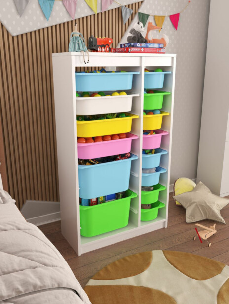 Lastenhuoneen laatikosto Linento Furniture Montana XS, 69x112.2cm, valkoinen runko + moniväriset laatikot