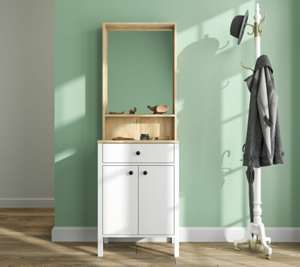 Eteisen kenkä-/asustekaappi peilillä Linento Furniture, valkoinen/ruskea