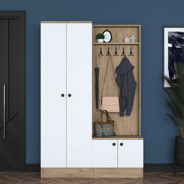 Säilytyskokonaisuus eteiseen Linento Furniture P6-M11-2389, leveys 119.6cm, valkoinen/ruskea