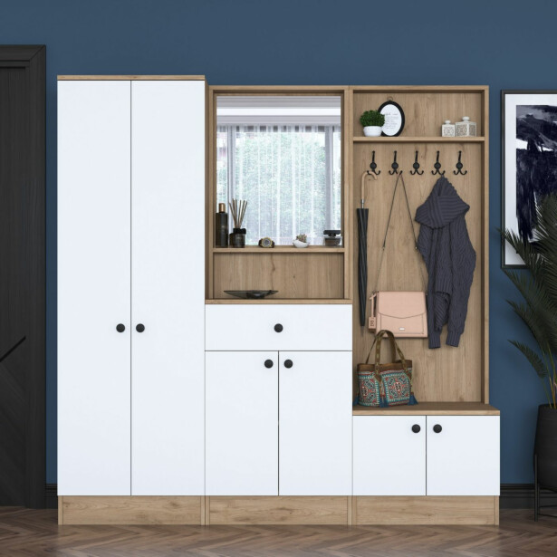 Säilytyskokonaisuus eteiseen Linento Furniture P6-M3-2490, leveys 179.4cm, valkoinen/ruskea
