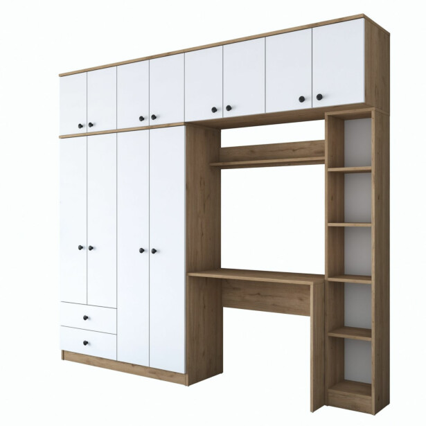 Vaatekaappi + työpöytä Linento Furniture BA122-2697, leveys 240cm, valkoinen/ruskea