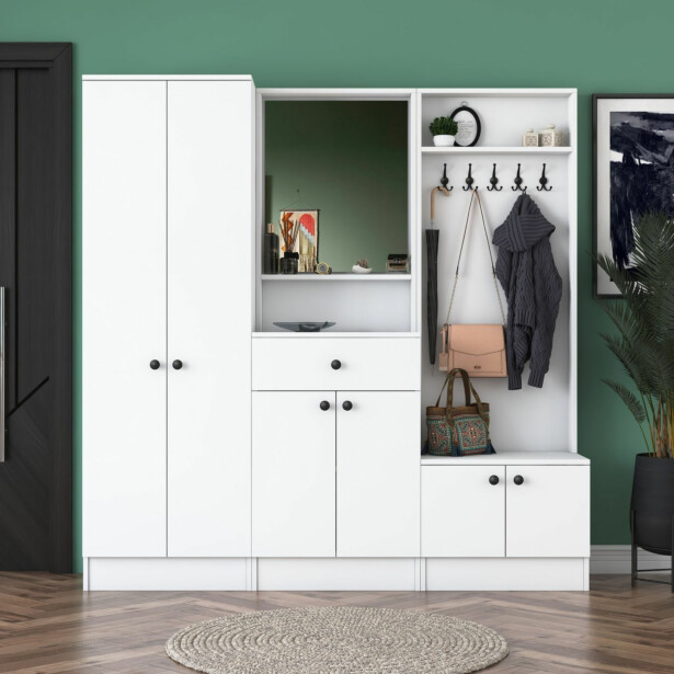 Säilytyskokonaisuus eteiseen Linento Furniture M2-1558, leveys 179.4cm, valkoinen